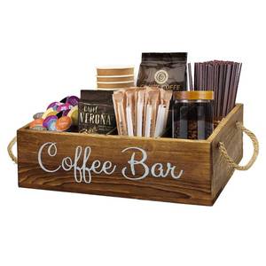 lot 3875 image: QUALLON Coffee Station Organizer with Small Removable Dividers, Wooden Coffee Bar Accessories Storage For Countertop, Farmhouse Kcup Coffee Pod Holder Basket With Handle For Coffee Lover