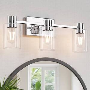 lot 3888 image: Esfos 3-Light Modern Vanity Light Fixtures Over Mirror, Polished Chrome Bathroom Light Fixtures, Vanity Lights, Wall Sconce with Clear Glass Shade for Bathroom, E26 Base