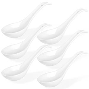 lot 4117 image: Wareland White Ceramic Soup Spoons Set of 6 - 6.75 Inch Chinese Ramen Spoons for Pho, Cereal, Noodles, Stews, Wonton, Dumpling, Miso - Deep Oval Hook Design, Dishwasher Safe