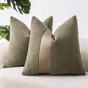 lot 4150 image: SINYASAN 18x18 Moss Green Boucle Throw Pillow Covers with Faux Leather Accents Set of 2 Fluffy Textured Decorative Pillow Cases for Couch Bed Boho Farmhouse Neutral Cushion Covers for Nordic Home