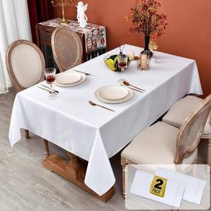 lot 4195 image: MEANMOY 2 Pack White 210 GSM Water & Stain Resistant Rectangle Tablecloth - Solid 60 x 84 Inch Rectangular Table Cloth in Wrinkle Free Washable Polyester for Wedding, Party, Banquet (2 Pcs)