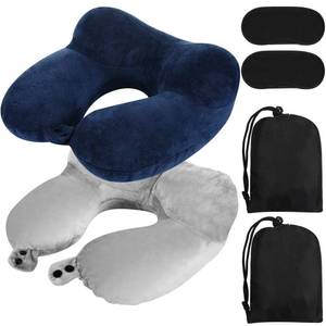 lot 4211 image: Sintuff 2 Pack Inflatable Travel Pillow for Airplanes Inflatable Neck Flight Pillows with Compact Bag and Blindfold for Traveling, Airplane, Train, Car, Office(Gray and Blue)