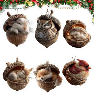 lot 4239 image: 6Pcs Forest Animal Acorn Ornaments �� Cozy Forest Christmas Ornaments (NOT 3D), 2026 New Pine Cone Decoration, Woodland Creature Figurine, 2D Acrylic Hanging Ornament Home Party D�cor