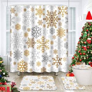 lot 5301 image: Britimes Winter Snowflakes Merry Christmas Bathroom Set with Shower Curtain and Rug and Accessories, Gold Grey Retro Bath Shower Curtain Set for Bathroom Decor 4 Pcs