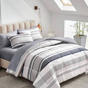 lot 5316 image: Flysheep Ombre Boho Striped Bed in a Bag 7 Piece Queen Size, Grey n Navy Black Stripes on White Comforter Sheet Set (1 Comforter, 1 Flat Sheet, 1 Fitted Sheet, 2 Pillow Shams, 2 Pillowcases)