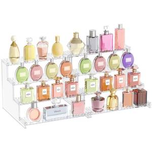 lot 5326 image: Lifewit 4 Tier Clear Display Riser Stand with Decorative Secure Fences, Tool-free Assembly, Plastic 12 Inch Perfume Organizer, Display for Figures, Cupcake, Dessert, 2-pack