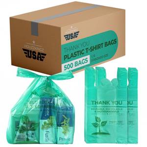 lot 5337 image: 500 Biodegradable Compostable Thank You Plastic Bags - Grocery Shopping Bags with Handles 12 X 6.5 X 22 Eco Friendly Green Plastic T Shirt Bags for Small Business Restaurant Supplies Retail Store
