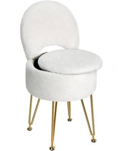lot 5338 image: GREENSTELL Small Vanity Stool Chair with Storage and Folding Back, 13 x 13 x 17.7 Faux Fur Soft Ottoman for Teenager, 4 Metal Legs with Anti-Slip Feet, Furry Padded Seat for Makeup, Bedroom, White