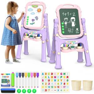 lot 5351 image: YOHOOLYO Kids Easel Standing Art Easel for Kids, Double Sided Children Pink Purple Easel Magnetic Chalkboard Whiteboard Dry Eraser Board Great Gift for Girls