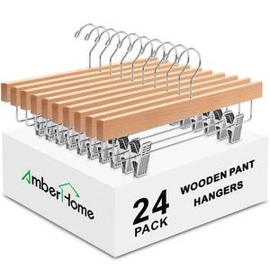 lot 5352 image: Amber Home 24 Pack Natural Wooden Pants Hangers with Clips, Wood Skirt Hangers Trouser Hangers for Jeans, Slacks, Shorts with 2-Adjustable Clips