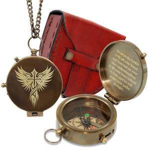 lot 6010 image: Antique Brass Compass with Leather Case �� ��Be Courageous�� Engraved �� Gifts for Christmas, New Year, Thanks Giving Keepsake for Men, Husband, Boys, Kids, Son (Antique Trust in The Lord)