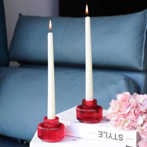 lot 6018 image: Woho Red Taper Candle Holders Set of 4 for Christmas Decorations, Reversible Ribbed Glass Candlestick Holders for Wedding Table, Vintage Candle Sticks Holder Decor for Valentines Day Decor