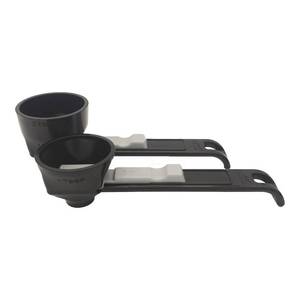 lot 6024 image: Slide Scoop the original measuring scoop  funnel No spill preparation of protein powder, workout & sports drinks, baby formula & kcup refill Mess & Spill free - (Set of 1 & 2 Tablespoon) Black Scoop