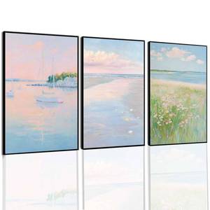 lot 6027 image: Set Of 3 Pink Coastal Posters Preppy Minimalist Summer Beach Prints Ocean Painting Canvas Wall Art For Home Living Room Bedroom Wall Decor 12x16in Unframed