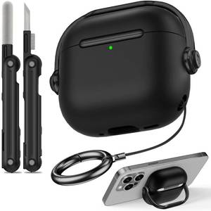 lot 6066 image: Safety Lock for Airpods 4 Case, TPU Case for Apple Airpods 4 Case 2024 USB-C with Cleaner Kit, Drop Protection Airpods 4 Case Cover for Men with Lock and Keychain, Black