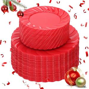 lot 6105 image: U-QE 100Pcs Red Plastic Plates - Red Scalloped Plastic Plates for Party - Heavy Duty Plate Disposable Include 50 6  Dessert Plate, 50 9  Dinner Plate Suite for All Occasions