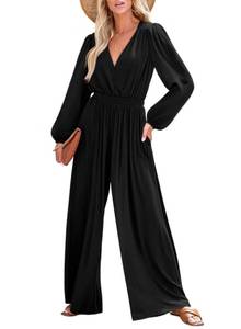 lot 6125 image: Dokotoo Jumpsuit for Womens Dressy Casual 2024 Lantern Long Sleeve Resort Wear One Piece Wrapped V Neck Open Back Long Romper Elastic Waist with Pockets Outfits for Fall,Black Small