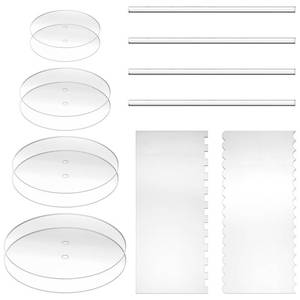 lot 6127 image: 14 Pack Acrylic Cake Disc Set, Clear Cake Decorating Supplies with 8 Round Acrylic Discs, 2 Icing Scraper & 4 Center Dowel For Make Your Cakes, Acrylic Discs For Icing Cakes(4.256.258.2510.25 Inch)