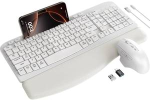 lot 6185 image: SABLUTE Wireless Keyboard and Mouse Combo, Ergonomic Wave Keys, Cushioned Palm Rest, Rechargeable, Phone Holder, Natural Typing, 2.4G Lag-Free, Full Size Keyboards Cordless Set for WindowsMac, White