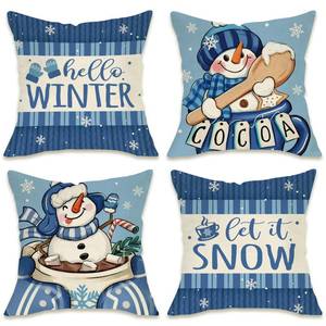 lot 6227 image: Fahrendom Hello Winter Snowman Decorative Throw Pillow Covers 18 x 18 Set of 4, Let It Snow Hot Cocoa Blue Porch Patio Outdoor Pillowcase, Knit Stripes Mitten Christmas Sofa Cushion Case Home Decor