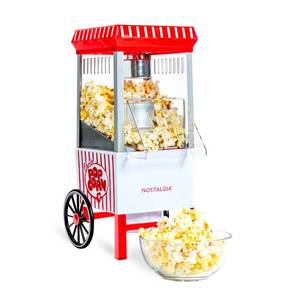 lot 6248 image: Nostalgia Vintage Hot-Air Popcorn Maker Machine - Makes Up to 12 Cups - Oil-Free - Healthier Popcorn - Classic Stand-Up Cart With Wheels - Includes Kernel Measuring Cup - White & Red