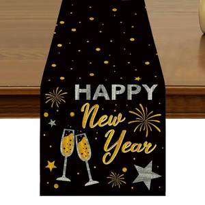 lot 6255 image: Happy New Year Eve Cheers Table Runner 13x72 Inch Kitchen Dining Winter Black Gold Stars Tabletop Table Decor for Indoor Outdoor Farmhouse Home Party Decoration ZQ155