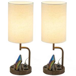 lot 1539 image: Dreamholder Table Lamp with 3 USB Charging Ports, Modern Desk Lamp with AC Outlet and Phone Stands, Perfect Bedside Lamp for Bedroom, Living Room, Office (Pack of 2), Walnut