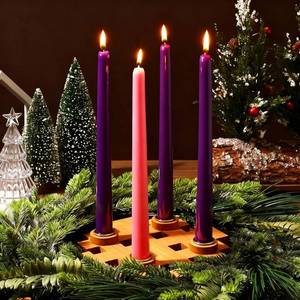 lot 2338 image: Mumufy 5 Pcs Advent Candle Holder Set Christmas Centerpiece Religious Decorations Snowflake Shape Wooden Advent Candlestick Holders with Purple Pink Taper Candles for Thanksgiving Christmas Nativity