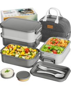 lot 2342 image: Adults Bento Box with Insulated Lunch Bag, 74oz Capacity 3 Stackable Leak-Proof Bento Box Built-In Utensil and Sauce, PFAS & BPA-Free, Microwave & Dishwasher Safe (Dusk Gray)