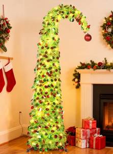lot 3916 image: HMASYO 5 FT Whimsical Pop Up Christmas Tree with Timer Lights, Lime Green Christmas Tinsel Tree Collapsible Artificial Pencil Tree for Indoor Home Apartment Porch Holiday Party Decorations