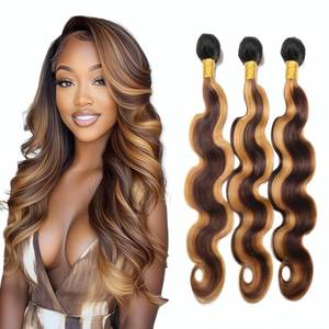 lot 4286 image: T1BP427 Body Wave Human Hair Bundles Ombre Honey Blonde Bundles Mixed Length 26 28 30 Inch Unprocessed Brazilian Virgin Body Wave Human Hair 3 Bundles 3 Tone Black Roots to Brown and Blonde