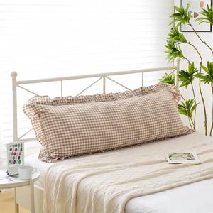 lot 4314 image: K MASANIJI Taupe White Plaid Body Pillow Cover with Ruffles, 100% Washed Cotton Rustic French Country Vintage Fall Pillow Shams for BedSofa - 20x54