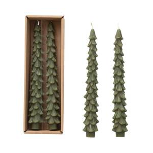 lot 4337 image: Creative Co-Op Unscented Tree Shaped Taper Candles, Evergreen, Boxed Set Of 2 Tops are melted