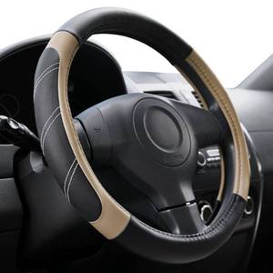 lot 4371 image: Elantrip Sport Leather Steering Wheel Cover 14 12 inch to 15 inch Universal, Padded Soft Grip Breathable for Car Truck SUV Jeep, Anti Slip Odorless Black and Beige