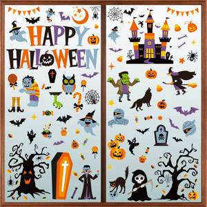 lot 4383 image: 116PCS Halloween Window Clings, 9 Sheets Halloween Decorations, Cute Witch Tree Zombie Ghost Patterns PVC Window Stickers for Treat or Trick Party Favors Decal Supplies Decor Accessories