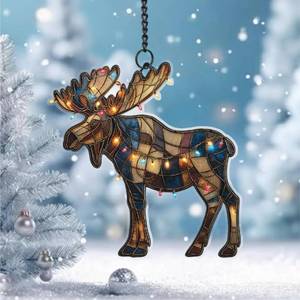 lot 4409 image: Christmas Moose Ornament �� Acrylic Ornament Hanging Holiday Decor with Lights �� Winter Forest Animal Decoration for Tree, Cabin, Lodge, Rustic Woodland (Sun-44)