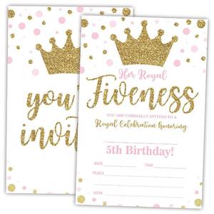 lot 4411 image: Royal Fifth Birthday Invitations, Gold Crown 5Th Double-Sided Fill-In Invite Cards For Birthday Party��Boys, Girls, Kids,Teen, 20 Invitations With Envelopes, Decorations,Party Favor And Supply-A42