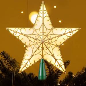 lot 4421 image: Nuanchu Christmas Star Tree Topper 10.4 x 9.4 Inch Large 3D Glitter Topper Ornament Metal Hollowed with 20 LED Lights Vintage Xmas Reflector Treetop New Year Holiday Indoor Decor(Gold Green)
