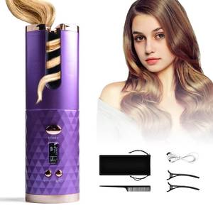 lot 4423 image: Automatic Curling Iron, Hair Curling Iron for Hair Styling, Cordless Auto Hair Curler, with 6 Temps and Timers, Auto Shut-Off, Fast Heating, Rechargeable Cordless Hair Curler 1 (Purple)