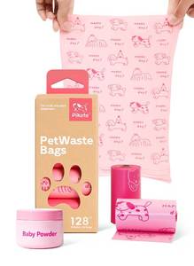 lot 4440 image: Pikoto Dog Poop Bags Rolls, 128 Count (8 Refills) - 60% Recycled Plastic Baby Powder Scented - Leak Proof, Extra Thick Waste Bag with Easy-Peel Sticker (Pink)