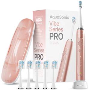 lot 4460 image: Aquasonic Vibe Series PRO �� Ultra-Whitening Electric Toothbrush �� 5 Modes & Smart Timers �� Premium Travel Case & 6 Proflex Brush Heads �� ADA Accepted Toothbrush (Rose Gold)