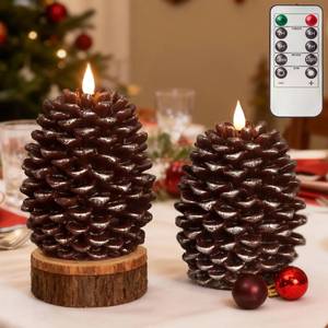 lot 5380 image: LUSHARBOR Pinecone Flameless Candles with Remote Timer, 2 Pack Real Wax Battery Operated LED Candles for Christmas Decorations, Rustic Holiday Table Centerpieces, Winter Home D�cor Brown