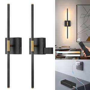 lot 5383 image: 30 Inch Battery Operated Wall Sconce Set of 2 - Wireless, 3000K-6000K, Dimmable, Remote and Touch Control, Timer, Removable Battery Compartment, Black Gold Modern Sconce for Bedroom, Living Room