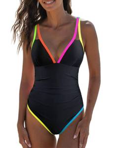 lot 6265 image: popvil Womens Tummy Control Swimsuits One Piece Neon Color Block Swimwear Deep V Neck Slimming Bathing Suit size XL