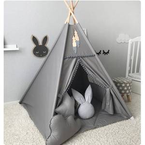 lot 6277 image: RONGFA Kids Teepee Tent with White Pom Pom - Indoor Play Teepee for Children Boys Portable Play House (Grey)
