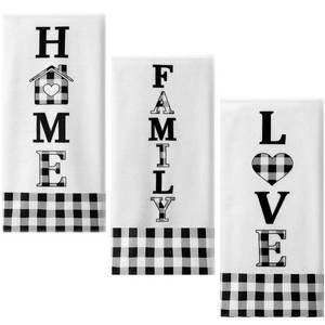 lot 6284 image: Tegeme 3 Pieces 18 x 28 Inches Buffalo Plaid Hand Farmhouse Towels Black and White Kitchen Towel Valentines Kitchen Dish Towels Home Family Love Cleaning Fast Drying Decor for Cooking Baking Gifts