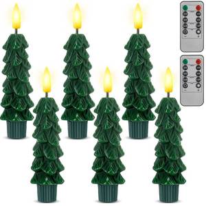 lot 6308 image: Funtery 6 Pcs Short LED Christmas Tree Flameless Taper Candles - 5 Inches Cute Small Real Wax Battery Operated Green Candlestick Lights with 3D Flame and Remote Timer for Window Fireplace
