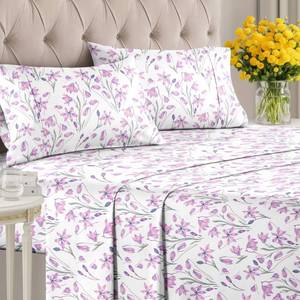 lot 6315 image: Floral Sheets - Pink Floral Bed Sheet Set - 1 Flat & 1 Fitted & 2 Pillowcases w Deep Pockets - Comfy, Wrinkle & Fade Free - Boho Botanical Bedding - Ultra-Soft, Breathable & Cooling - Full Size Set