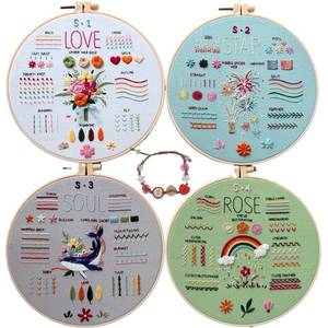 lot 6324 image: Nalexmi Embroidery Kit for Beginners, DIY Cross Stitching Kit with Stamped Flower Patterns, 4 Pack, Includes Hoop-1, Tools, Threads, Needles, Instructions