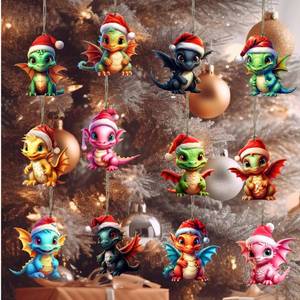 lot 6359 image: A36Pcs Christmas Dragon Ornaments Set - 12 Unique Wooden Dragon Designs with Santa Hats, Festive Hanging Decor for Christmas Tree, Garden, Fireplace & Home